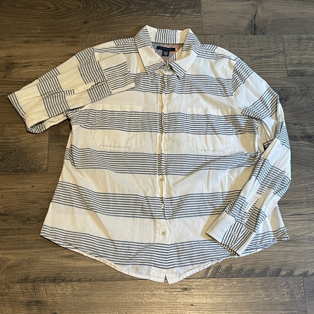 Tommy Hilfiger Womens XL White Navy Striped Cotton Button Down Shirt ORC-U7D